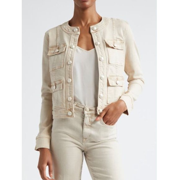 NWT L'AGENCE Yari Collarless Linen Jean Jacket in Oat Contrast Size XS - Picture 1 of 6